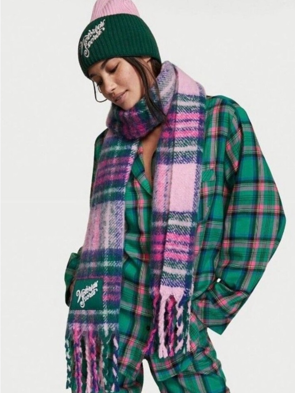 Victoria’s Secret Pink & Green Plaid Fringe Scarf - Cozy Winter Accessory